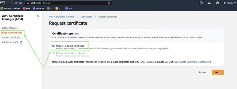 Request certificate with AWS Certificate Manager