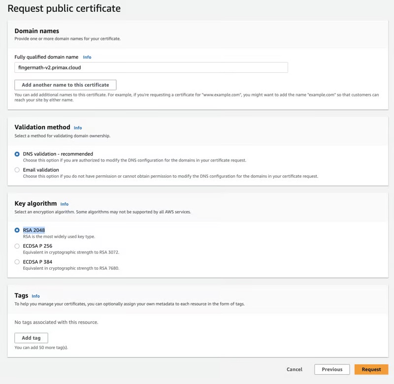 Request certificate with AWS Certificate Manager
