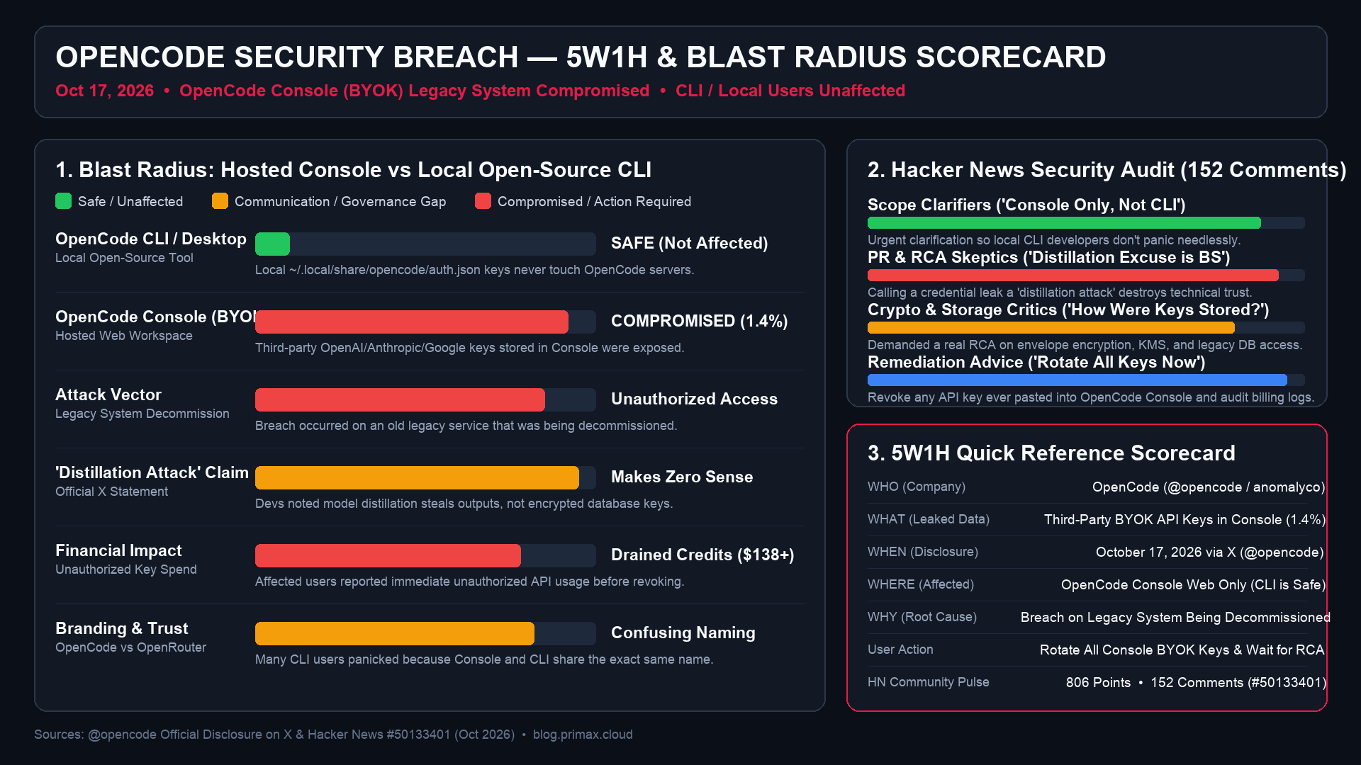 OpenCode Security Breach — 5W1H & Blast Radius Scorecard